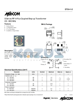 ETC4-1-2 datasheet - E-Series RF 1:4 Flux Coupled Step-up Transformer 2.0 - 800 MHz