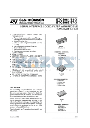 ETC5064D datasheet - POWER AMPLIFIER SERIAL INTERFACE CODEC/FILTERWITH RECEIVE