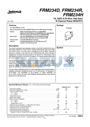 FRM234H datasheet - 7A, 250V, 0.70 Ohm, Rad Hard, N-Channel Power MOSFETs