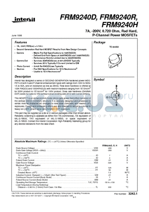 FRM9240R datasheet - 7A, -200V, 0.720 Ohm, Rad Hard, P-Channel Power MOSFETs