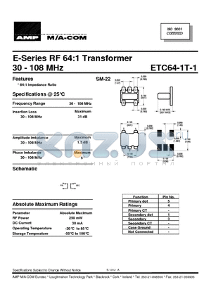 ETC64-1T-1 datasheet - E-Series RF 64:1Transformer 30 - 108 MHz