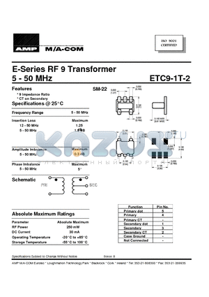 ETC9-1T-2 datasheet - 5 - 50 MHz E-Series RF 9 Transformer