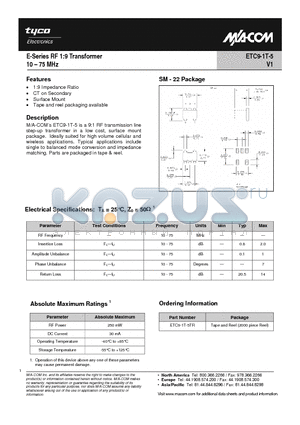 ETC9-1T-5TR datasheet - E-Series RF 1:4 Transformer 10 - 75 MHz