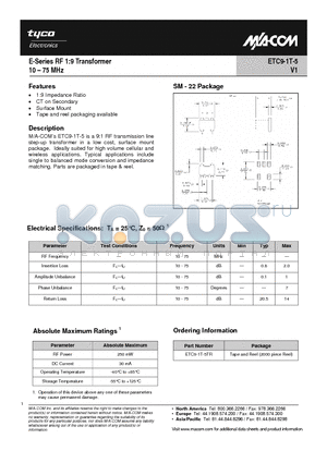 ETC9-1T-5_1 datasheet - E-Series RF 1:4 Transformer 10 - 75 MHz