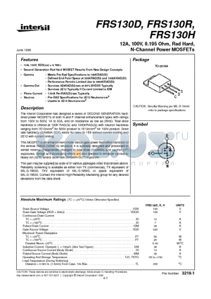 FRS130D datasheet - 12A, 100V, 0.195 Ohm, Rad Hard, N-Channel Power MOSFETs