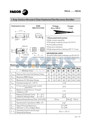 FRS1B datasheet - 1 Amp. Surface Mounted Glass Passivated Fast Recovery Rectifier