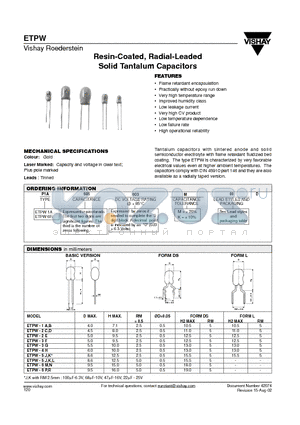 ETPW-2E datasheet - Resin-Coated, Radial-Leaded Solid Tantalum Capacitors