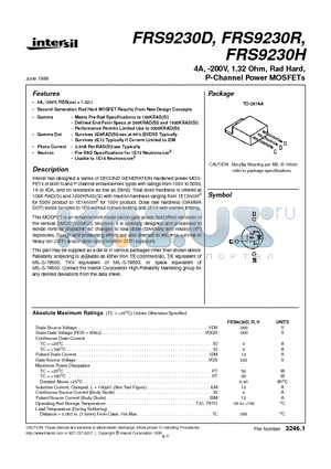 FRS9230D datasheet - 4A, -200V, 1.32 Ohm, Rad Hard, P-Channel Power MOSFETs