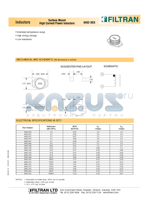 8402-022 datasheet - Inductors Surface Mount High Current Power Inductors