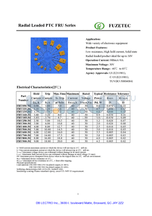 FRU250-30 datasheet - Radial Leaded PTC FRU Series