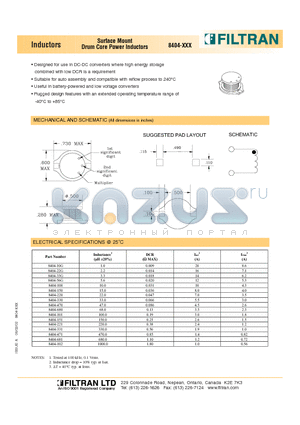 8404-102 datasheet - Inductors Surface Mount Drum Core Power Inductors