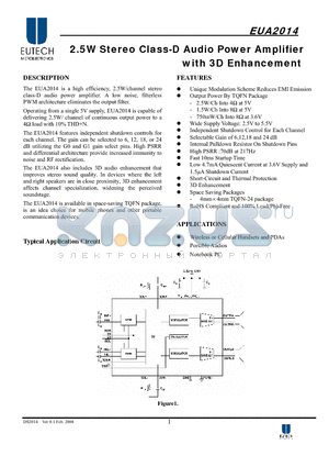 EUA2014 datasheet - 2.5W Stereo Class-D Audio Power Amplifier with 3D Enhancement