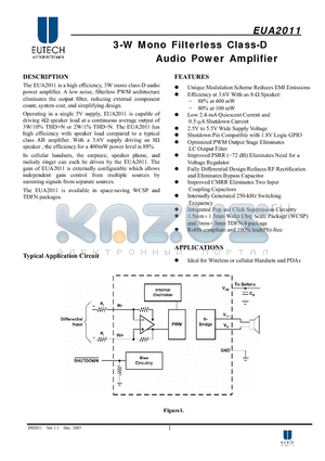 EUA2011HIR1 datasheet - 3-W Mono Filterless Class-D Audio Power Amplifier