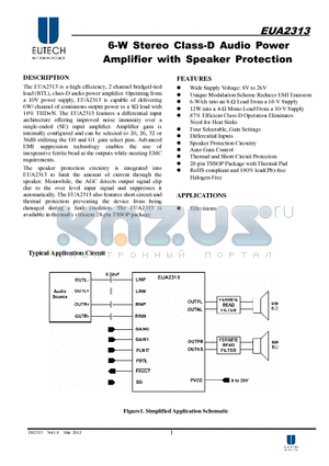 EUA2313 datasheet - 6-W Stereo Class-D Audio Power Amplifier with Speaker Protection