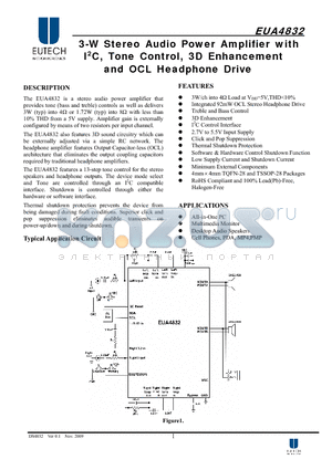 EUA4832 datasheet - 3-W Stereo Audio Power Amplifier with I2C, Tone Control, 3D Enhancement and OCL Headphone Drive