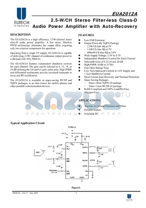 EUA2012A datasheet - 2.5-W/CH Stereo Filter-less Class-D Audio Power Amplifier with Auto-Recovery