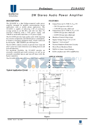 EUA4992 datasheet - 2W Stereo Audio Power Amplifier