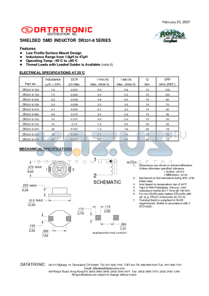 DR331-8-102 datasheet - SHIELDED SMD INDUCTOR