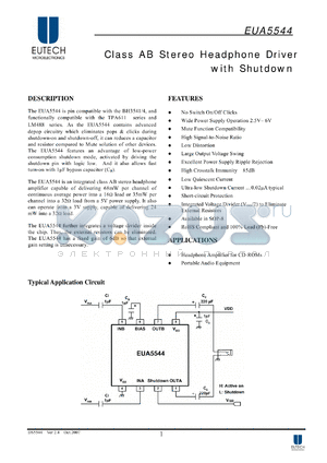 EUA5544DIR1 datasheet - Class AB Stereo Headphone Driver with Shutdown