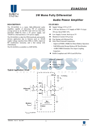 EUA6204A datasheet - 3W Mono Fully Differential Audio Power Amplifier