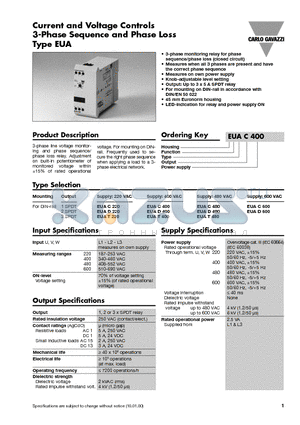 EUAC220 datasheet - Current and Voltage Controls 3-Phase Sequence and Phase Loss