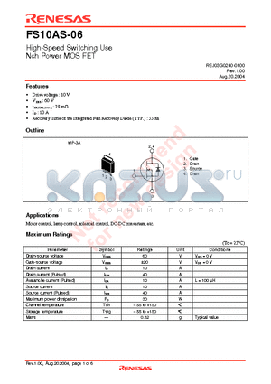 FS10AS-06-T13 datasheet - High-Speed Switching Use Nch Power MOS FET