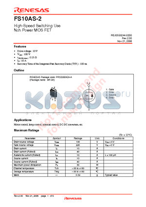 FS10AS-2 datasheet - High-Speed Switching Use Nch Power MOS FET