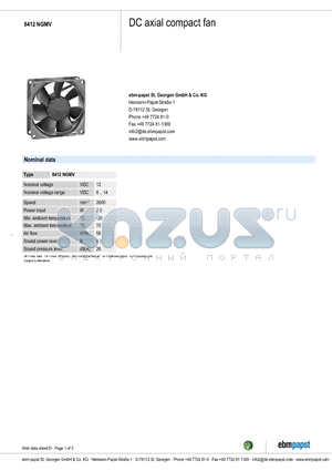 8412NGMV datasheet - DC axial compact fan