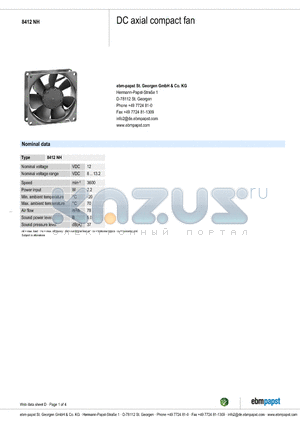 8412NH datasheet - DC axial compact fan