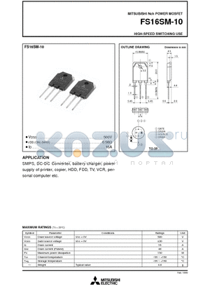 FS16SM-10 datasheet - Nch POWER MOSFET HIGH-SPEED SWITCHING USE