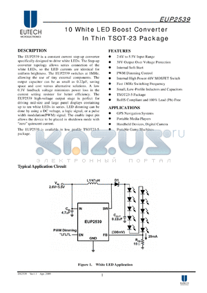 EUP2539 datasheet - 10 White LED Boost Converter In Thin TSOT-23 Package