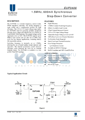 EUP3406VIR1 datasheet - 1.5MHz, 600mA Synchronous Step-Down Converter