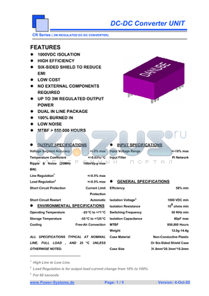 CRD-0505 datasheet - DC-DC Converter UNIT 3W REGULATED DC-DC CONVERTER