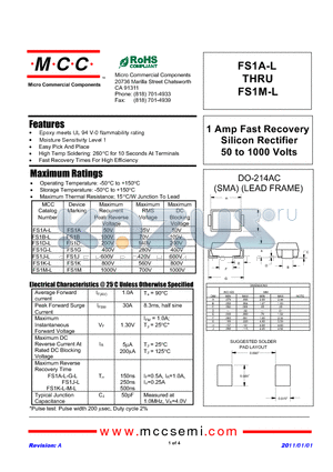 FS1M-L datasheet - 1 Amp Fast Recovery Silicon Rectifier 50 to 1000 Volts