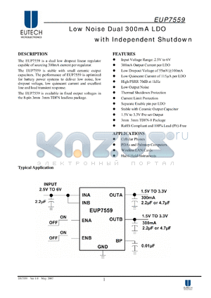 EUP7559 datasheet - Low Noise Dual 300mA LDO with Independent Shutdown