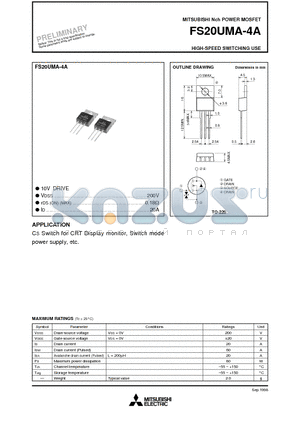 FS20UMA-4A datasheet - Nch POWER MOSFET HIGH-SPEED SWITCHING USE