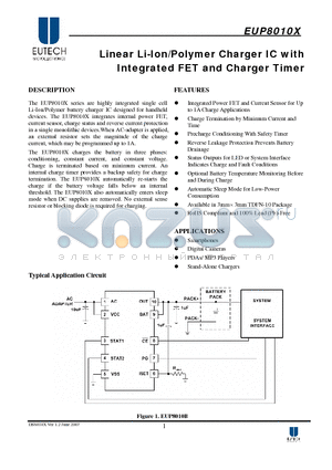 EUP8010C-JIR1 datasheet - Linear Li-Ion/Polymer Charger IC with Integrated FET and Charger Timer