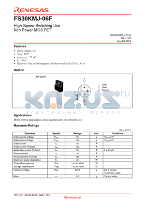 FS30KMJ-06F-A8 datasheet - High-Speed Switching Use Nch Power MOS FET