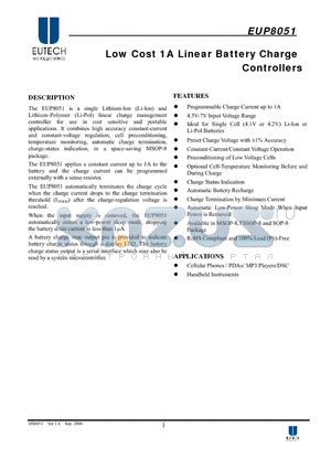 EUP8051-42QIR1 datasheet - Low Cost 1A Linear Battery Charge Controllers