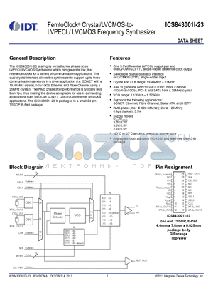 843001CGI-23LF datasheet - FemtoClock^ Crystal/LVCMOS-to-LVPECL/ LVCMOS Frequency Synthesizer