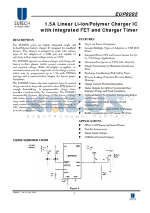 EUP8095 datasheet - 1.5A Linear Li-Ion/Polymer Charger IC with Integrated FET and Charger Timer