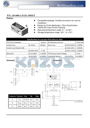 AD-6001A datasheet - ADSL CPE SIDE SPLITTER