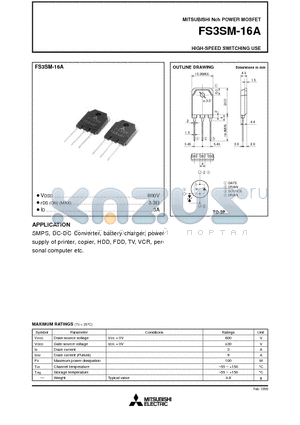 FS3SM-16A datasheet - Nch POWER MOSFET HIGH-SPEED SWITCHING USE