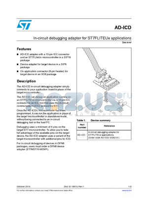 AD-ICD datasheet - In-circuit debugging adapter for ST7FLITEUx applications