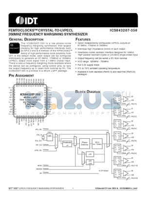 843207CY-350LF datasheet - FEMTOCLOCKS CRYSTAL-TO-LVPECL 350MHZ FREQUENCY MARGINING SYNTHESIZER