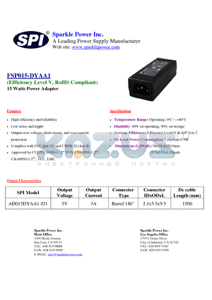 AD015DYAA1-J21 datasheet - 15 Watts Power Adapter High efficiency and reliability