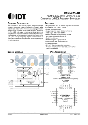 84329AV-01T datasheet - 700MHZ, LOW JITTER, CRYSTAL-TO-3.3V DIFFERENTIAL LVPECL FREQUENCY SYNTHESIZER