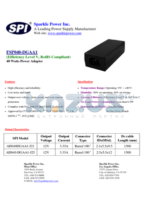 AD040-DGAA1-J25 datasheet - 40 Watts Power Adapter High efficiency and reliability