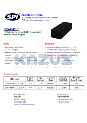 AD040RAC-ATC07RW datasheet - 40 Watts Power Adapter High efficiency and reliability
