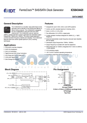 843442AGILF datasheet - FemtoClock SAS/SATA Clock Generator